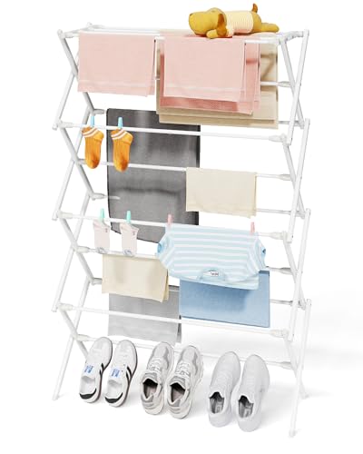 Sakugi Foldable 4-Tier Clothes Drying Rack 50.0" H with Non-Slip Feet | Indoor & Outdoor Use, Space Saving, Metal Frame, 11.4" D x 29.1" W, White - color: White, size: 4 Tier Standard