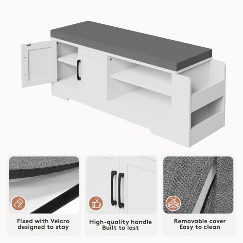 Farmhouse Shoe Storage Bench with 3-in-1 Entryway Storage & Padded Seat | 39.6" Wide Entryway Bench with Adjustable Shelves, Shoe Organizer & Side Storage Rack for Living Room, Bedroom, White - size: 39.6" Wide