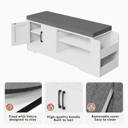 Farmhouse Shoe Storage Bench with 3-in-1 Entryway Storage & Padded Seat | 39.6" Wide Entryway Bench with Adjustable Shelves, Shoe Organizer & Side Storage Rack for Living Room, Bedroom, White - size: 39.6" Wide