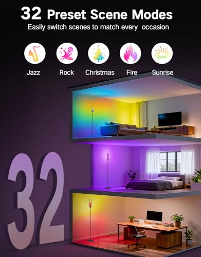 OUTON Bright Smart Floor Lamp with Remote, App & Touch Control, RGB Color Changing Standing Lamp, 2200K-6500K Dimmable, 3 Adjustable Heights, 32 Scenes for Living Room Bedroom Office,Black & Glass - color: Black & Glass Shade