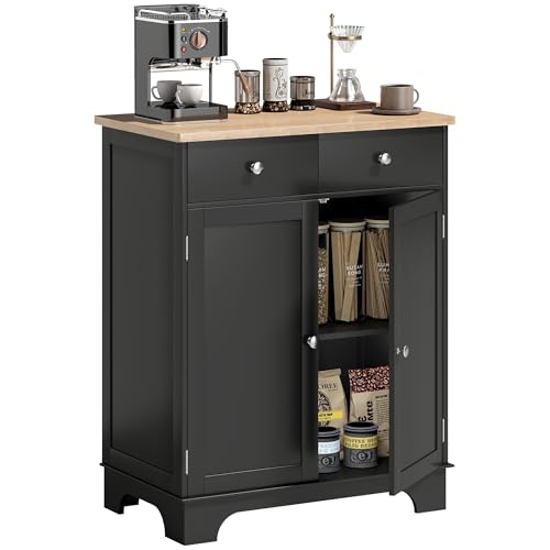 HOMCOM Sideboard Buffet Cabinet Solid Wood Countertop Black | Modern Kitchen Storage, Coffee Bar Cabinet, 2 Drawers, Doors, Adjustable Shelf - color: Black, size: 26.75" x 15.75" x 33.5"