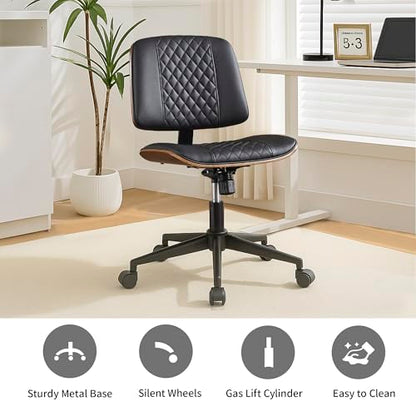 VipDesk Modern Black Home Office Chair – Armless Mid-Back Desk Chair with PU Leather, Adjustable Height, Swivel Wheels, Walnut Wood Finish, Perfect for Small Spaces - color: Black, size: MCM Style
