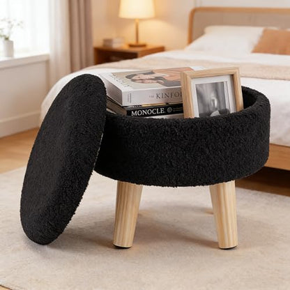 DUMOS Round Storage Ottoman with Reversible Tray Lid, Multi-Functional Footrest, Teddy Velvet Footstool with Wood Legs, Small Coffee Table for Living Room, Bedroom, Ink - color: Ink