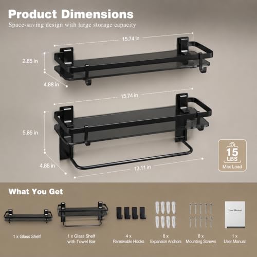 Glass Shelf for Bathroom 15.7 in Black Bathroom Shelves Wall Mounted Tempered Glass Shelving with 4 Removable Hooks (2 Tier) - color: Black