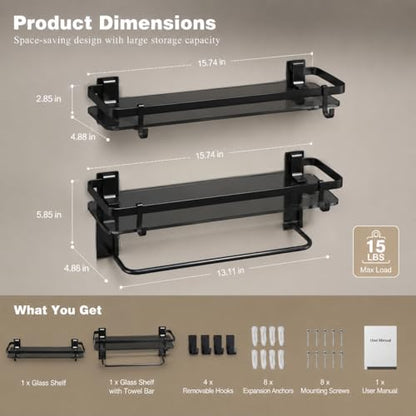 Glass Shelf for Bathroom 15.7 in Black Bathroom Shelves Wall Mounted Tempered Glass Shelving with 4 Removable Hooks (2 Tier) - color: Black
