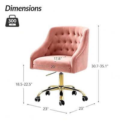 MOJAY Velvet Home Office Desk Chair, Vanity Chair with Wheels Pretty Fancy Gold 360°Swivel Height Adjustable Office Chairs for Girls Home Offices, Bedrooms, Living Room (Pink) - color: Pink