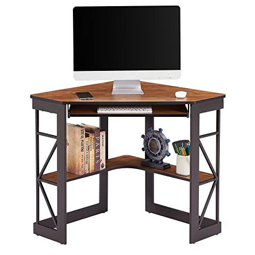 VECELO Desk, Corner Tables for Living Room for Small Space Triangle Computer Desk with Steel Frame Corner Shelves with Metal Frame Writing Desk for Workstation Brown 41"