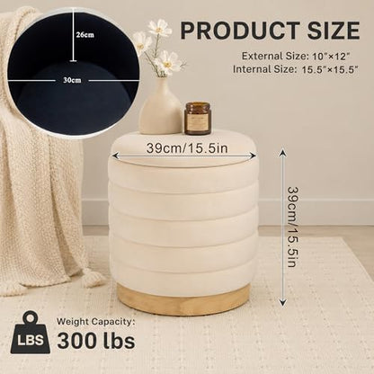 JHY DESIGN Round Ottoman with Storage, 16.5" H Velvet Footstool with Removable Lid & Solid Wood Base – Padded Seat Storage Ottoman for Bedroom, Living Room, Vanity(Cream)