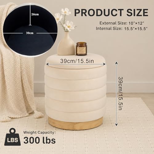 JHY DESIGN Round Ottoman with Storage, 16.5" H Velvet Footstool with Removable Lid & Solid Wood Base – Padded Seat Storage Ottoman for Bedroom, Living Room, Vanity(Cream)