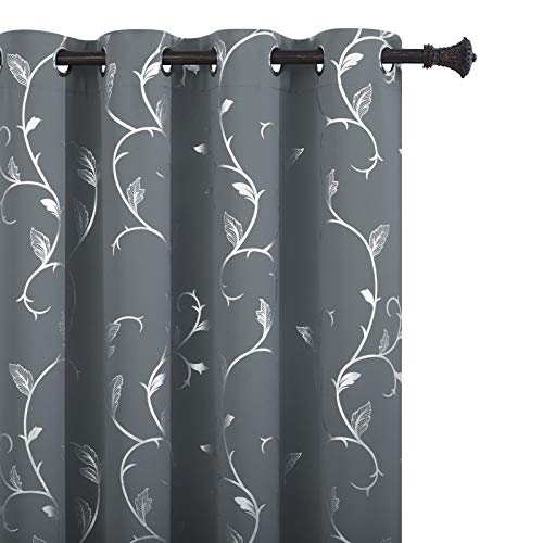 BUHUA Light Grey Floral Print Curtains Silver Wave Vine Pattern Blackout Curtain Panels for Kitchen Small Window 52W×45L Set of 2 - color: Light Grey, size: 52"W x 45"L (Pack of 2)