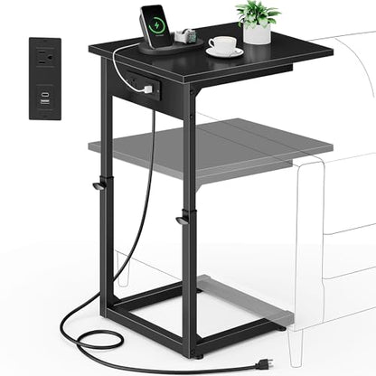 C Shaped End Table with Charging Station, 33"Tall C-Table End Table Adjustable Height Side Table for Couch, Couch Table That Slide Under Sofa Table TV Tray Table for Living Room,Bedroom,Black - color: Black, style: Charging Station
