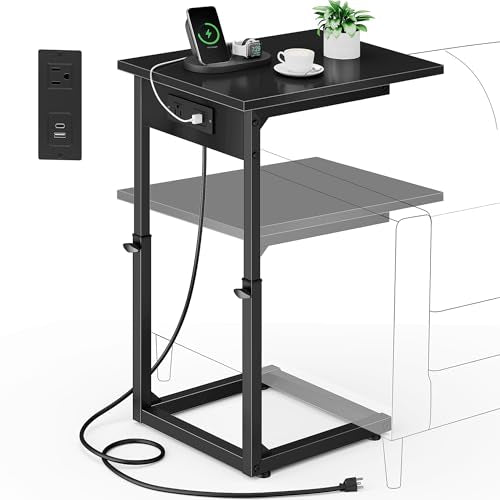 C Shaped End Table with Charging Station, 33"Tall C-Table End Table Adjustable Height Side Table for Couch, Couch Table That Slide Under Sofa Table TV Tray Table for Living Room,Bedroom,Black - color: Black, style: Charging Station