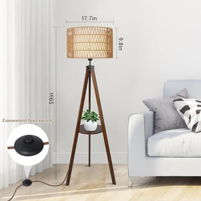 Tripod Floor Lamp with Shelves, Mid Century Wood Standing Lamp with Rattan & Fabric Shades, ON/Off Foot Switch, Modern Farmhouse Tall Floor Lamps for Living Room Bedroom Office