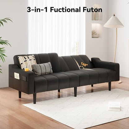Brelice 80'' Leather Couch, Futon Sofa Bed, Faux Leather Couch with Adjustable Backrest, 2 Cup Holders & Side Pockets, Mid Century Modern Sofa for Living Room, Bedroom, Dark Black - color: Faux Leather Black