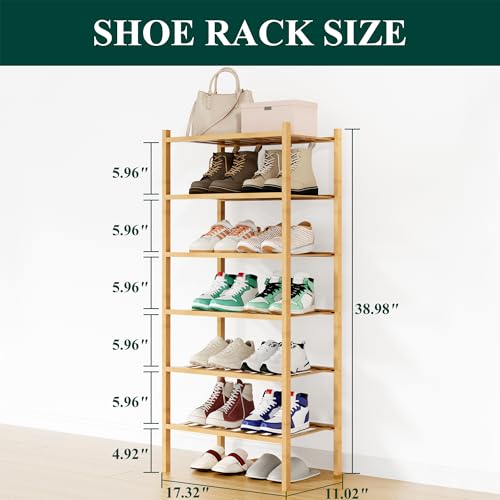 Smiry Bamboo Shoe Rack, 12 Vertical Slats, 6 Tier - 17.3" Wide, Natural | Stackable Free Standing Wooden Shoe Organizer, Wood Shoe Storage Shelf for Closet, Entryway - color: Natural, size: 17.32" Wide - 6 Tier - Regular