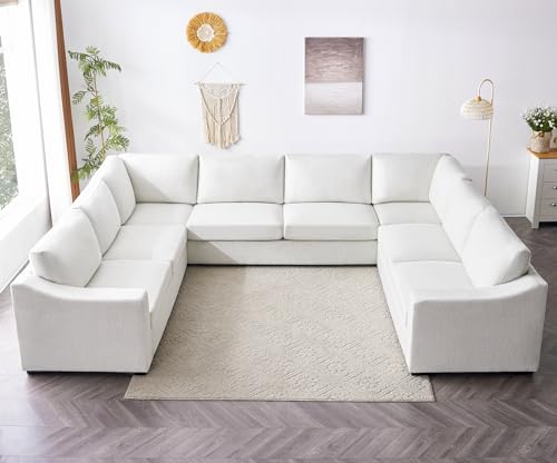 Convertible Sectional Sofa, U Shaped Couch, Natural Linen Fabric Couches with Extra Deep Seats, Big Comfy Couch Upholstered Modern Corner Sofa for Living Room, Office, White - color: White, size: 136 Inch - U Shaped(8 Seat)
