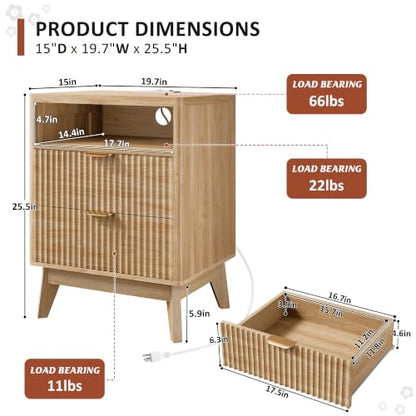 LYNCOHOME Fluted Nightstand with Charging Station, 19.7 inch Wide End Table with 2 Drawers, Modern Wood Bedside Table for Bedroom,Natural,1 Pcs - color: Natural, size: 15"D x 19.7"W x 25.5"H（2 Drawers）