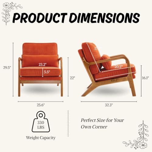 Karl home Mid-Century Modern Accent Reading Chair, Orange | Corduroy Upholstered, Solid Wood Frame, Soft Cushion, Lumbar Pillow, Lounge Armchair for Living Room, Bedroom, Balcony, Study - color: Corduroy Orange