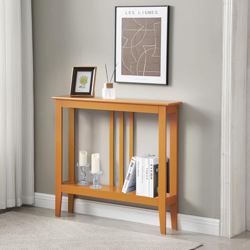 Kings Brand Narrow Console Table w/Storage Shelf for Entryway, Honey Ginger | Slim Sofa Table for Hallway, Foyer or Living Room w/ Open Shelf for Décor, Books & Everyday Essentials - color: Honey Ginger