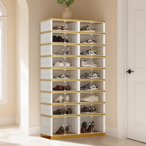 SYNCVIBE Foldable Shoe Organizer, 9 Tier, 36 Pairs, 34.2" Wide, White Gold | Foldable Shoe Rack, Collapsible Shoe Cabinet with Doors, Stackable Shoe Shelves for Closet, Entryway and Living Room - size: 9 Tiers -36 Pairs White Gold