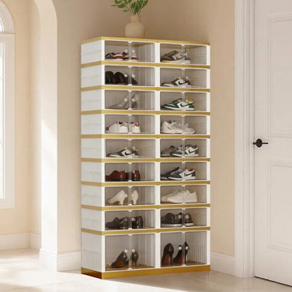 SYNCVIBE Foldable Shoe Organizer, 9 Tier, 36 Pairs, 34.2" Wide, White Gold | Foldable Shoe Rack, Collapsible Shoe Cabinet with Doors, Stackable Shoe Shelves for Closet, Entryway and Living Room - size: 9 Tiers -36 Pairs White Gold