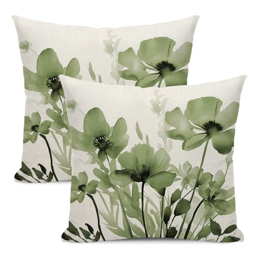 Spring Floral Pillow Covers 18x18 Inches Set of 2,Sage Green Floral Throw Pillow Covers Outdoor Summer Flower Decoration Pillowcase Farmhouse Decorative Square Linen Cushion Cover For Home Sofa - color: Sage Green Flower-3, size: 18" x 18" (Pack of 2)