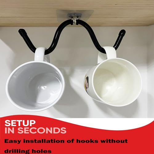 AUXPhome 4pcs Self Adhesive Cup Hooks Cabinet Organizer, Mug Holder Under Cabinet, Under-Shelf Mug Organizer Mug Storage Display Hanging Cups Drying Rack for Bar Kitchen Utensils - No Drilling