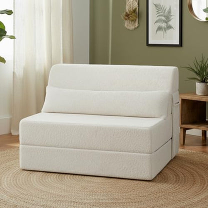 Convertible Folding Sofa Bed Mattress with Pillow & Side Pocket, Plush Fabric Floor Mattress Couch Bed, Washable Cover, Twin Size, Beige - color: Plush Beige, size: Twin Size