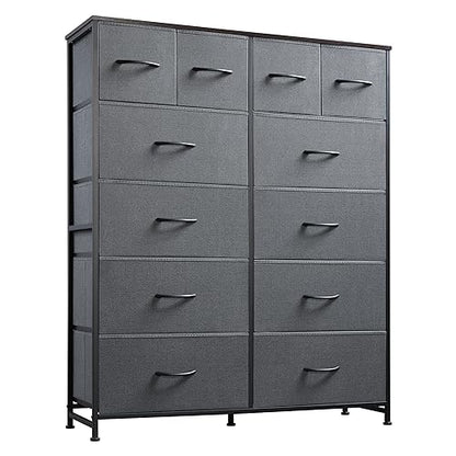 WLIVE 12 Drawer Tall Fabric Dresser Bedroom Storage Chest, Dark Grey | 12-drawer tall fabric dresser with wood top and steel frame, P2 grade board, ideal for bedroom closet living room storage - color: Dark Grey