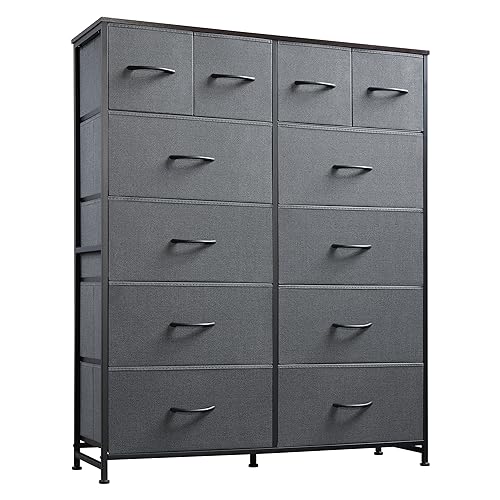 WLIVE 12 Drawer Tall Fabric Dresser Bedroom Storage Chest, Dark Grey | 12-drawer tall fabric dresser with wood top and steel frame, P2 grade board, ideal for bedroom closet living room storage - color: Dark Grey