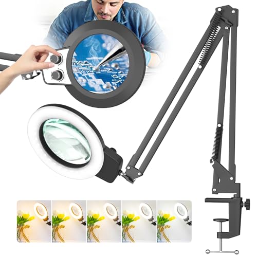HITTI 12X Ultra Long Magnifying Glass with Light and Clamp, Infinite Color Brightness Workbench Light, Hands Free LED Magnifier Light Stand for Crafts Reading Painting Soldering (12X 27.5In Clamp) - size: 12X Ultra Long Clamp