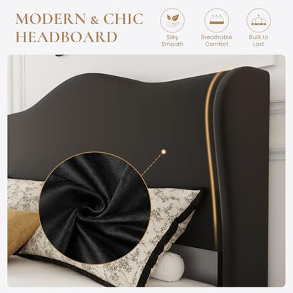 SHA CERLIN Queen Size Bed Frame with Curved Wingback Headboard, Soft Black | Modern Luxury Design Velvet Platform Bed with Sturdy Wooden Slats,Noise-Free, No Box Spring Needed, Easy Assembly - color: Soft Black, size: Queen