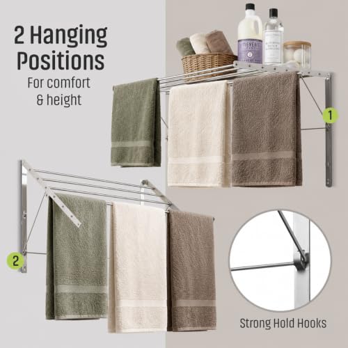 | Wall Mounted | Clothes Drying Rack | 30" Wide | 20 Linear Feet Capacity | 8 Smooth Round Stainless Steel Rods | 60 lb Capacity | Fully Assembled | Compact Sturdy Space-Saving Design - size: 30 inches