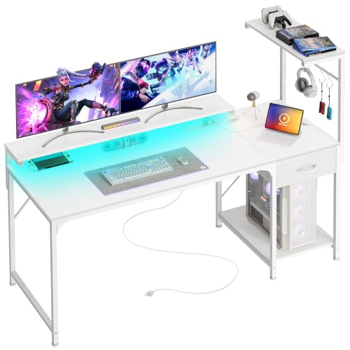 55.1 Inch Gaming Desk with LED Lights & Power Outlets | Computer Desk with Drawer & Storage Shelves, Office Writing Desk with Monitor Stand for Work from Home, White - color: White, size: 55.1 Inch
