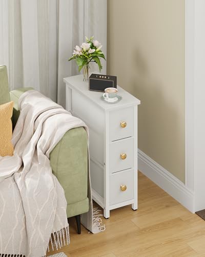 Narrow Side Table with 3 Fabric Drawers, Industrial Slim Bedside Table for Small Spaces, Bedroom, Living Room, Dormitory, White TBZ09WB - color: White
