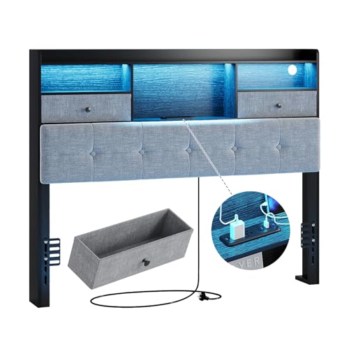 Maupvit Headboard Full Size with Storage, Full Headboard Only with 2 Drawers, Charging Station and LED Lights, Upholstered Headboards Easy Assembly, Black&Grey - color: Black, size: Full
