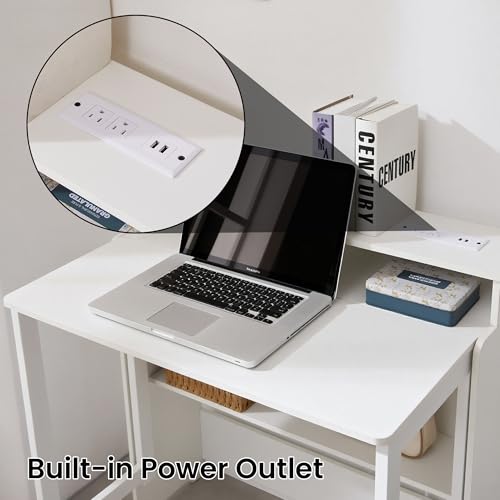 Folding Desk with Charging Station,Fold Out Desk with Monitor Stand,Storage Shelf,Small Foldable Computer Desk for Compact Home Office Spaces (White) - color: White