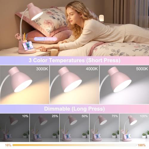 10W Wireless Charging LED Desk Lamp with Pen Holder, CRI 95, Pink | 800LM, 3 Modes, 360°Flexible Arm, Touch, Brightness, Table Lamp for Home Office, Dorm, Bedside, Study, Reading, with Adapter - color: Pink