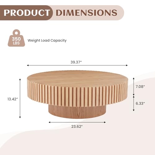 39.37" Round Coffee Table Wood, Modern Unique Oak Circle Coffee Table, Contemporary Drum Wooden Fluted Coffee Table Side Center Table for Living Room,Apartment,Office, Natural Ash - color: Natural Ash, size: 39.37 inch