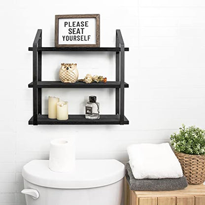 Mkono Floating Wall Shelves 3 Tier Rustic Hanging Shelf with Metal Bracket Wall Mount Wood Storage Display Shelves for Living Room Bathroom Bedroom Kitchen Office,Black | Bathroom Storage, Clutter-Free, Easy Install, Rustic Decor, Over Toilet Organizer, F