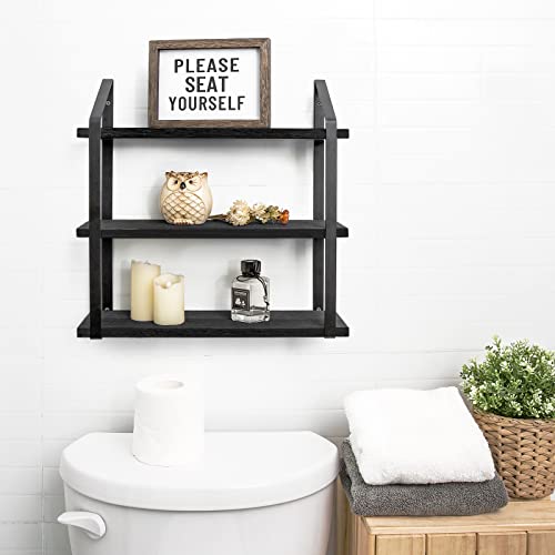 Mkono Floating Wall Shelves 3 Tier Rustic Hanging Shelf with Metal Bracket Wall Mount Wood Storage Display Shelves for Living Room Bathroom Bedroom Kitchen Office,Black | Bathroom Storage, Clutter-Free, Easy Install, Rustic Decor, Over Toilet Organizer, F