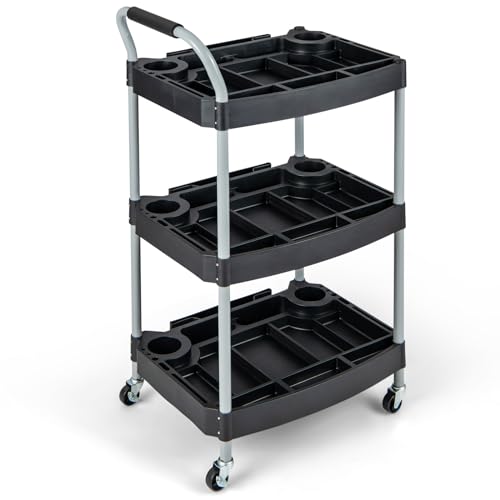 3 Tier Rolling Utility Cart with Compartment & Universal Wheels | 3 Shelf Rolling Storage Cart, Plastic Tool Cart Organizer for Garage, Office, Home, Warehouse, Repair Shop