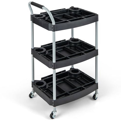 3 Tier Rolling Utility Cart with Compartment & Universal Wheels | 3 Shelf Rolling Storage Cart, Plastic Tool Cart Organizer for Garage, Office, Home, Warehouse, Repair Shop