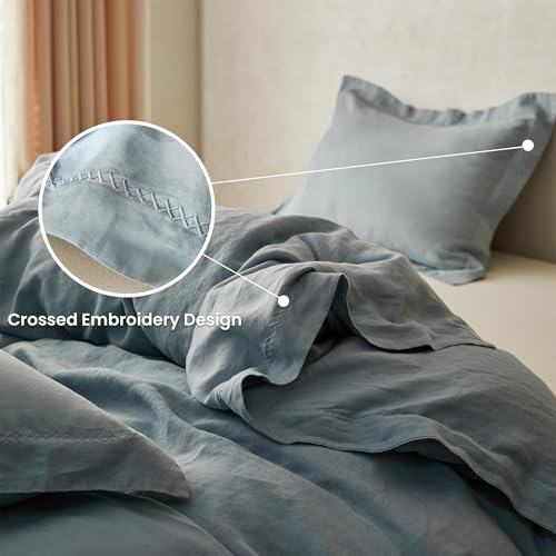 Simple&Opulence 100% Linen Duvet Cover Set with Crossed Embroidery Washed - 3 Pieces (1 Duvet Cover with 2 Pillow Shams) Soft Breathable Farmhouse - Dusty Blue, Queen Size - color: Crossed-dusty Blue, size: Queen