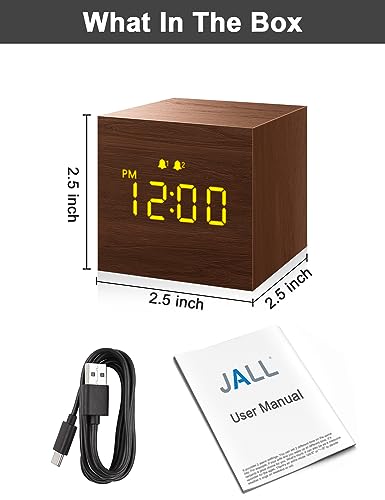 Digital Alarm Clock, with Wooden Electronic LED Time Display, 3 Alarm, 2.5-inch Cubic Small Mini Wood Made Electric Clocks for Bedroom, Bedside, Desk, Brown