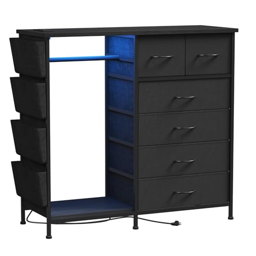 6 Drawer Dresser for Bedroom with Clothes Rack, Clothes Dresser with Side Pockets and Hooks, Charging Station & LED Lights, Wooden Top, Fabric Storage (Black) - color: Black