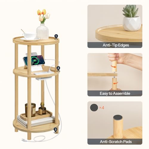 HOOBRO Small Round Side Table with Charging Station, 3-Tier Round Bamboo End Table, Compact Sofa Bedside Table for Small Space, Easy Assembly, for Living Room, Bedroom, Apartment, Natural YL152UBZ01 - color: Natural