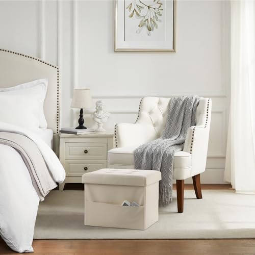 Bsketa Storage Ottoman Bench,16 Inch Folding Leather Foot Rest Stool, Beige | Small Ottoman with Side Pockets, Thicker Foam Padded Seat, Livingroom, Dorm, Bedroom, Easy to install, 38L, 16x12x12in - color: Beige-with Side Pockets.