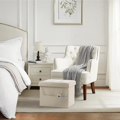 Bsketa Storage Ottoman Bench,16 Inch Folding Leather Foot Rest Stool, Beige | Small Ottoman with Side Pockets, Thicker Foam Padded Seat, Livingroom, Dorm, Bedroom, Easy to install, 38L, 16x12x12in - color: Beige-with Side Pockets.