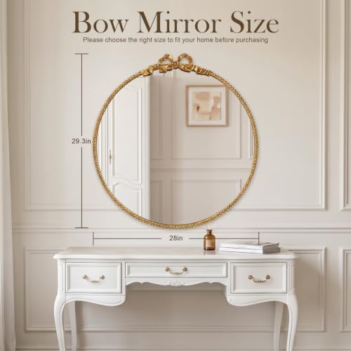 Vintage Round Gold Bow Mirror 28 Inch Beaded Mirror | Beaded Frame,HD Tempered Glass,Wall Mount,For Entryway/Bedroom/Hallway/Mantle/Home Decor/Nursery - color: Gold, size: 28"L x 28"W